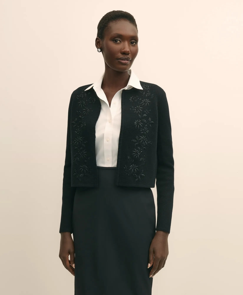Merino-Wool-Cotton Blend Floral Embellished Cardigan | Brooks Brothers