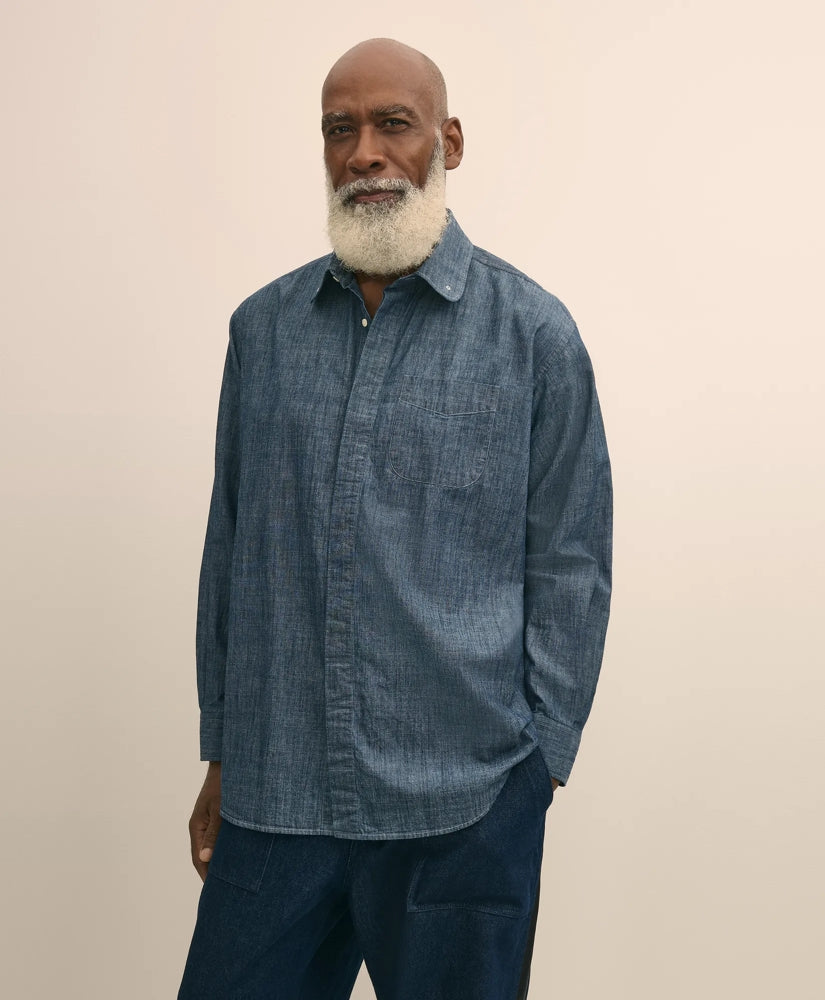 Brooks Brothers X Engineered Garments Cotton Chambray Round Pinhole Collar Oversized Dress Shirt | Brooks Brothers