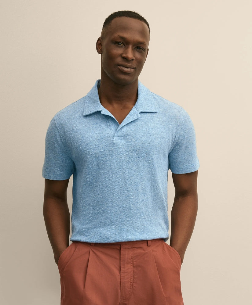 Cotton-Linen Pique Johnny Collar Shirt | Brooks Brothers