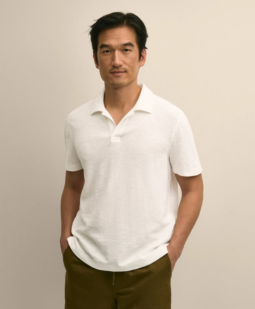 Cotton-Linen Pique Johnny Collar Shirt | Brooks Brothers