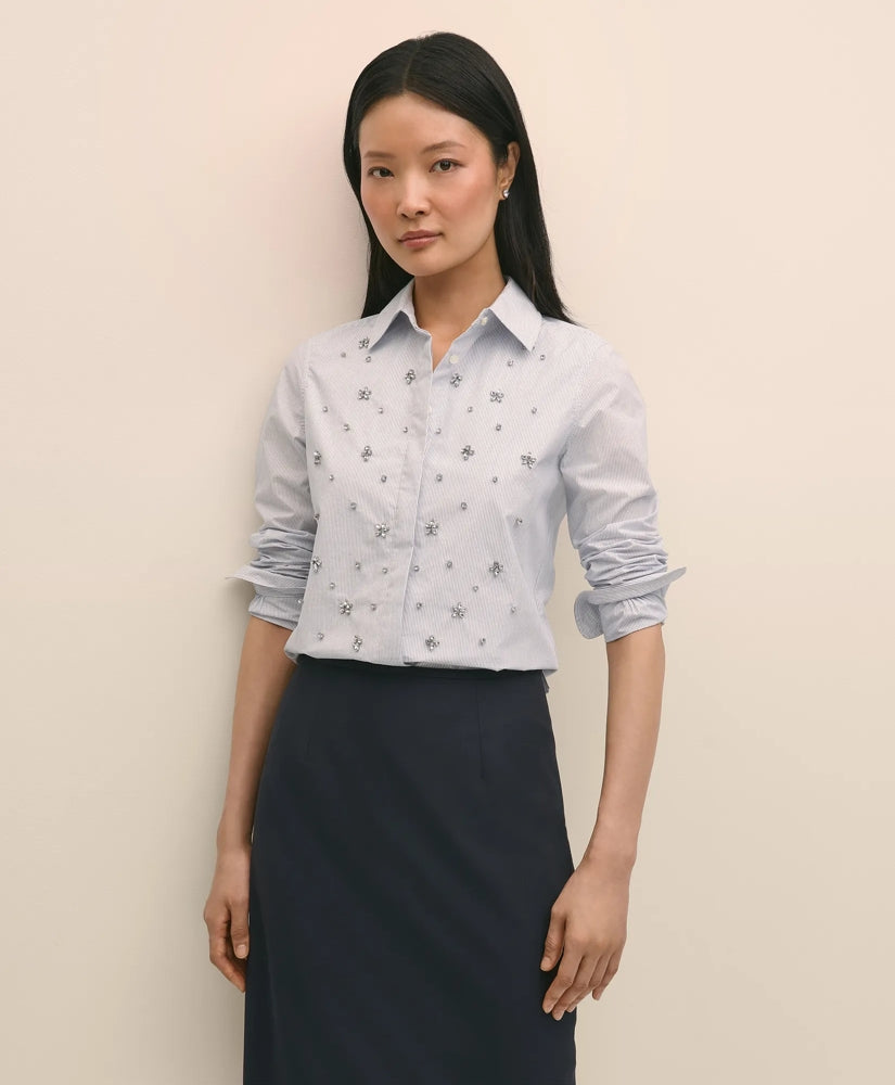 Cotton Poplin Pinstripe Embellished Shirt | Brooks Brothers