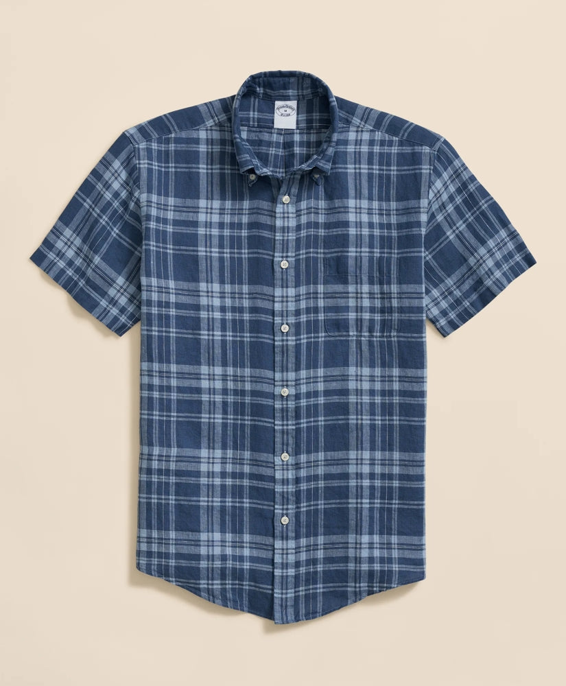 Irish Linen Polo Button Down Collar, Plaid Short-Sleeve Shirt | Brooks Brothers