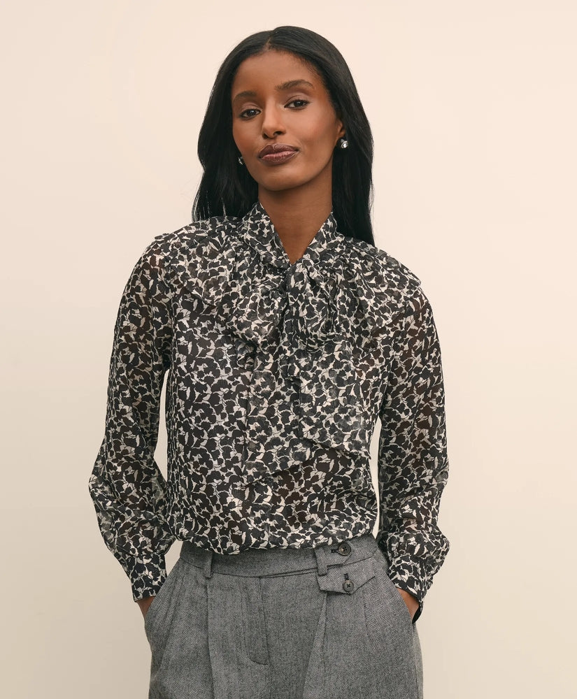 Leaf-Print Jacquard Bow-Neck Blouse | Brooks Brothers