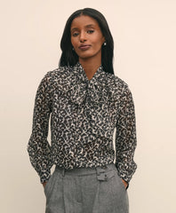 Leaf-Print Jacquard Bow-Neck Blouse | Brooks Brothers
