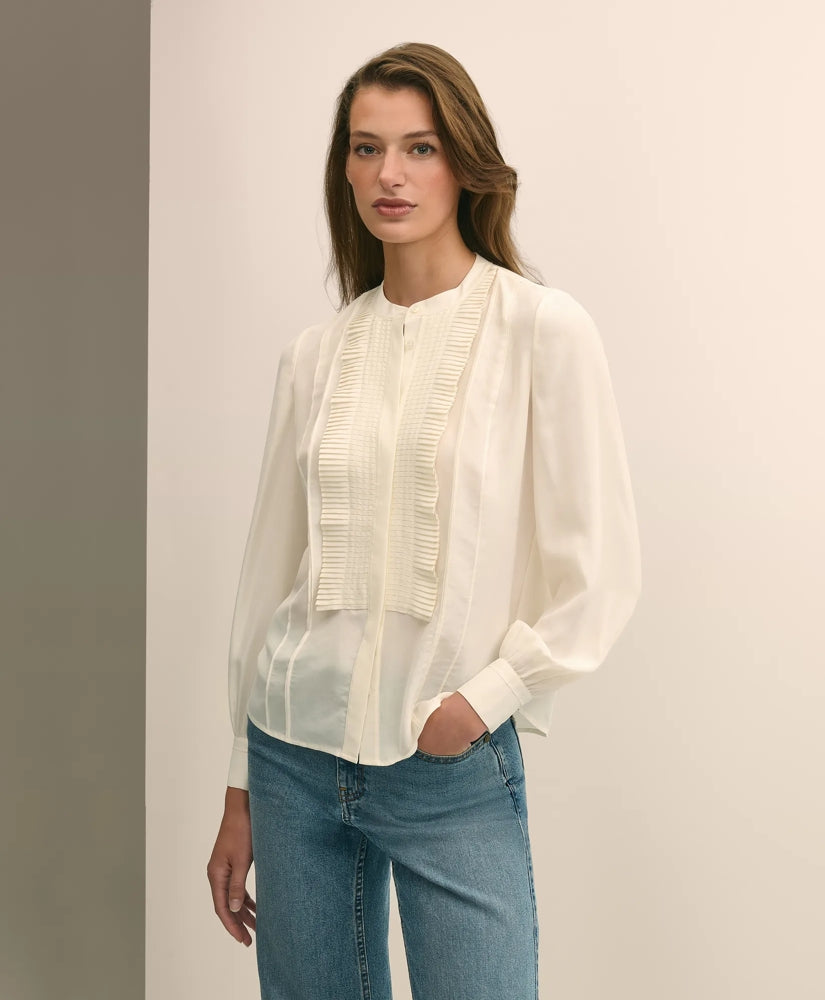 Silk Haboti Pintucked Band-Collar Blouse | Brooks Brothers