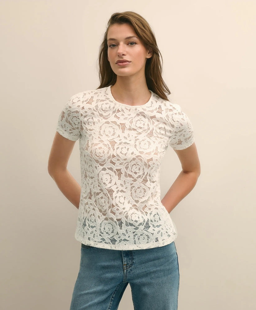 Semi-Sheer Short-Sleeve Top in Floral Lace | Brooks Brothers