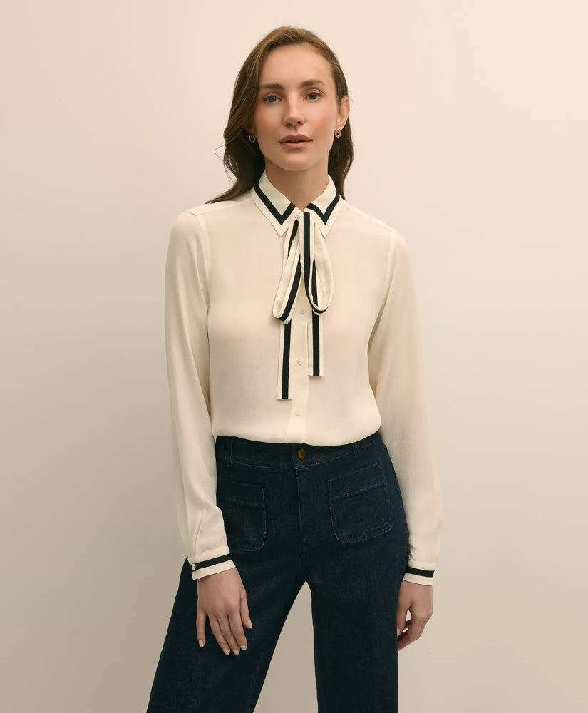 Viscose Contrast Tie-Neck Blouse | Brooks Brothers