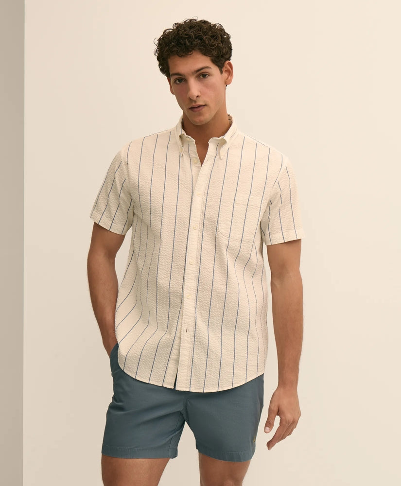 Washed Cotton Seersucker Button-Down Collar, Stripe Short-Sleeve Sport Shirt | Brooks Brothers