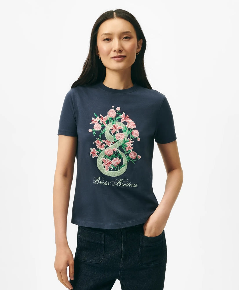 Women's Lunar New Year Cotton Embroidered Bouquet Snake Motif T-Shirt | Brooks Brothers
